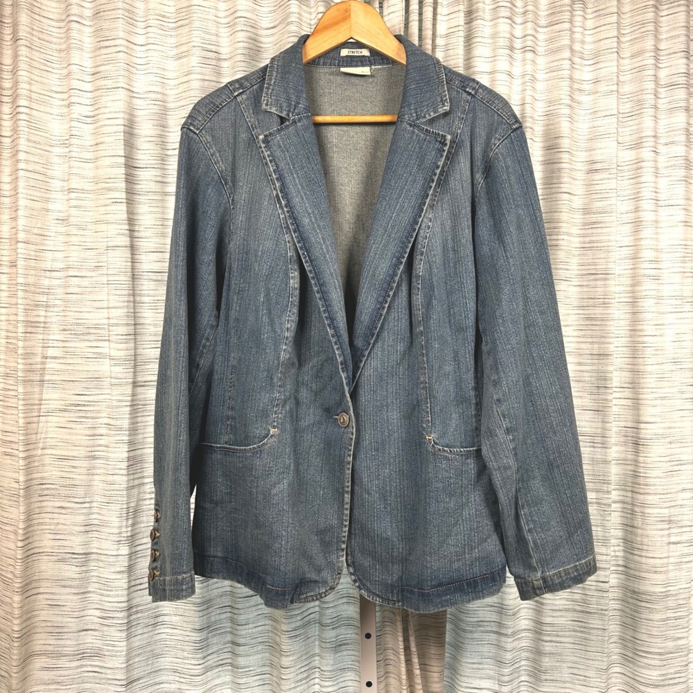 Blazer Blue Womens XL Stretch Denim‎ Single Button Jacket St. John's Bay